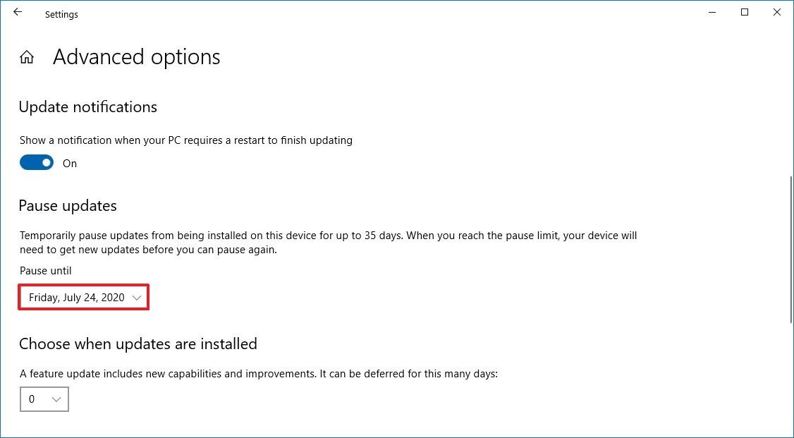 Pause updates Windows 10