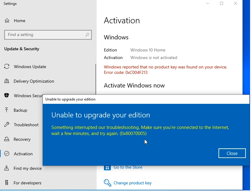 Windows 10 Pro upgrade failed