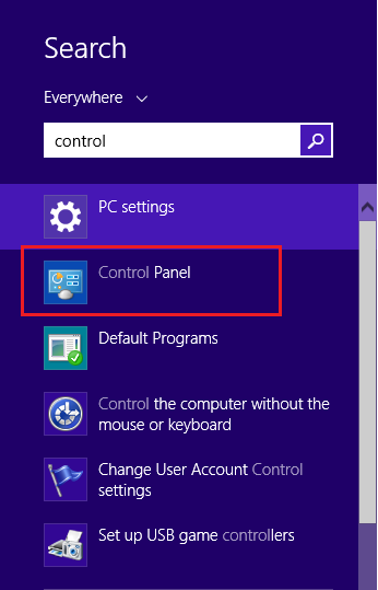 control panel Windows 8