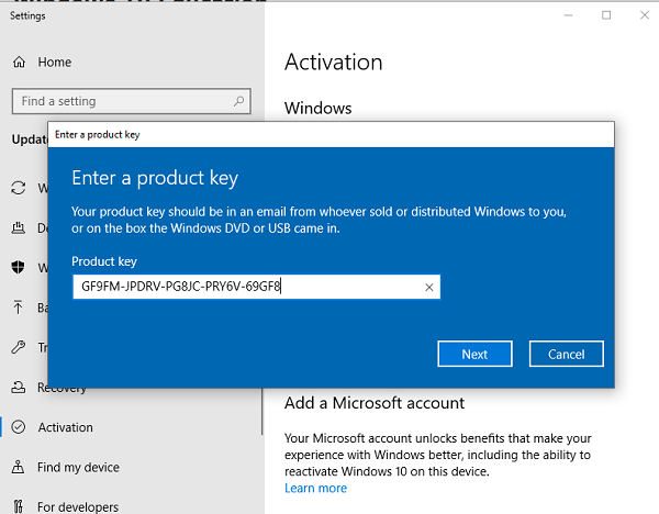 win 10 pro using product key about to expire