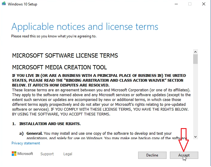 Accept Microsoft software license terms