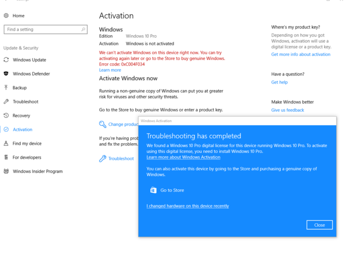 Windows 10 activation errors