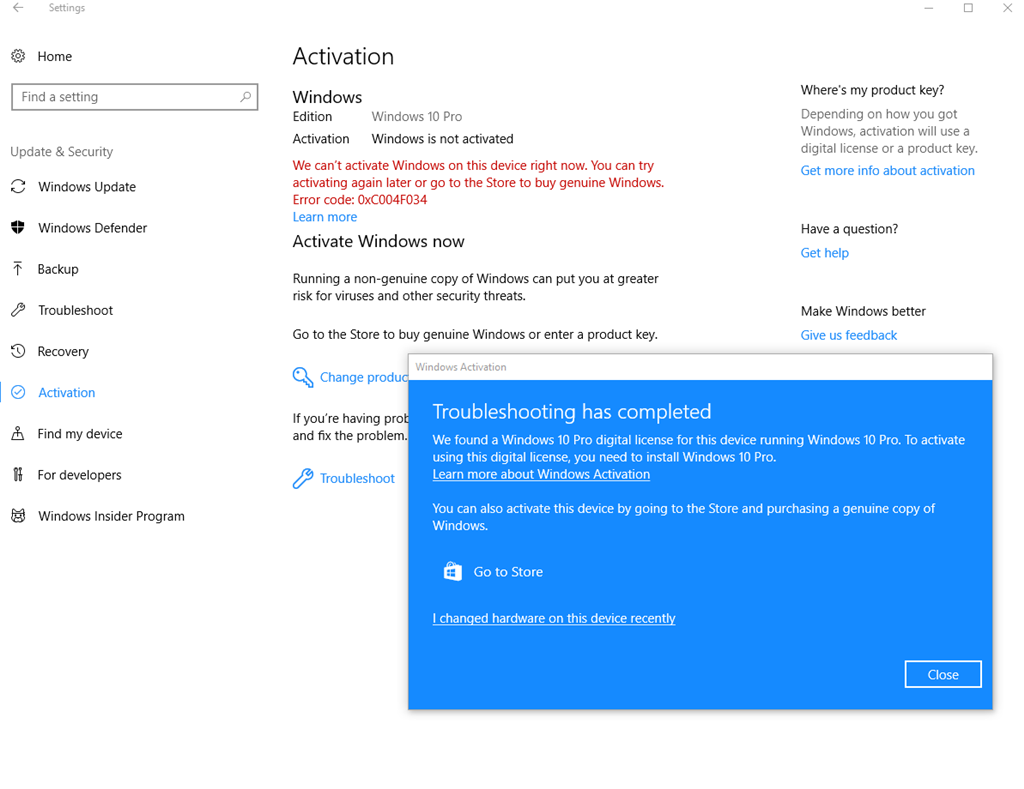 Windows 10 activation errors
